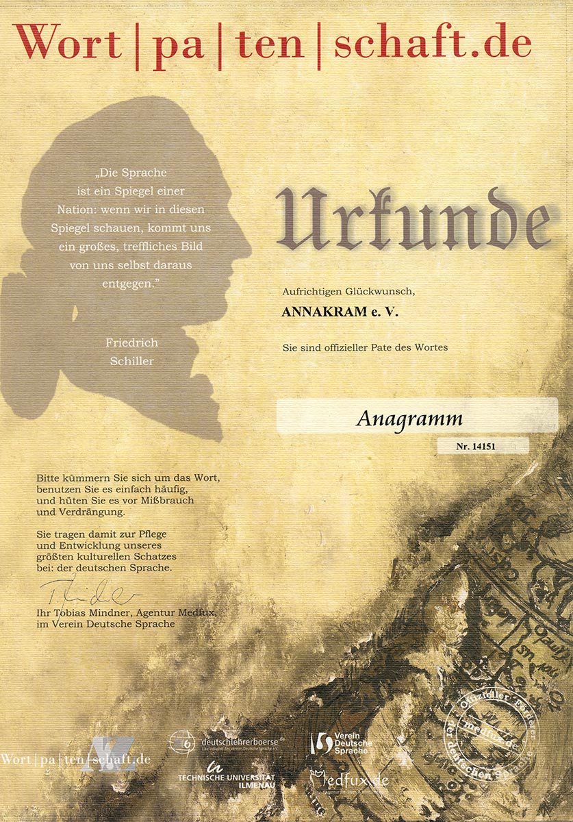 Urkunde für die Wortpatenschaft zum Wort Anagramm